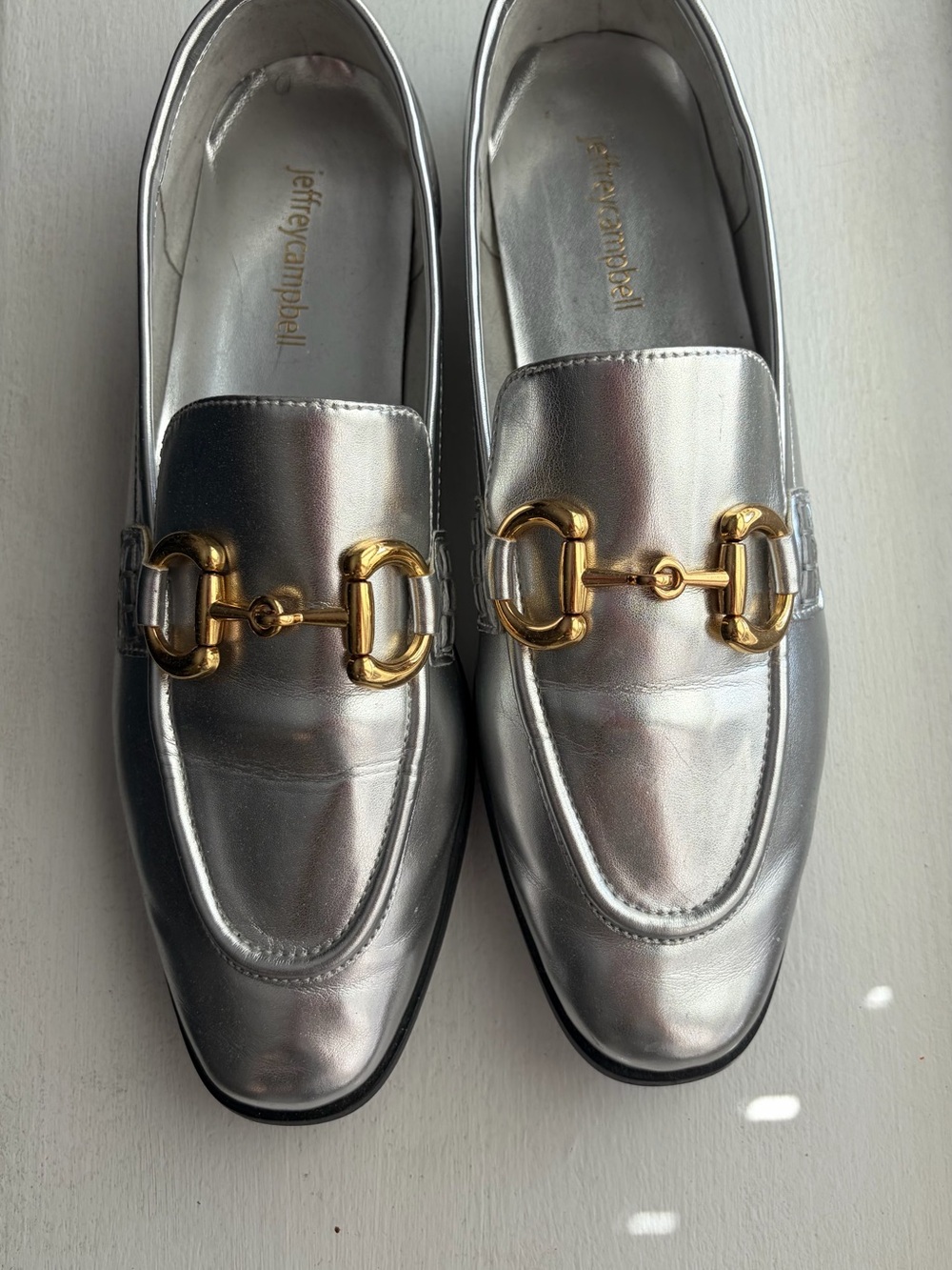Jeffrey Campbell Metallic Silver Loafers with Gold Horsebit